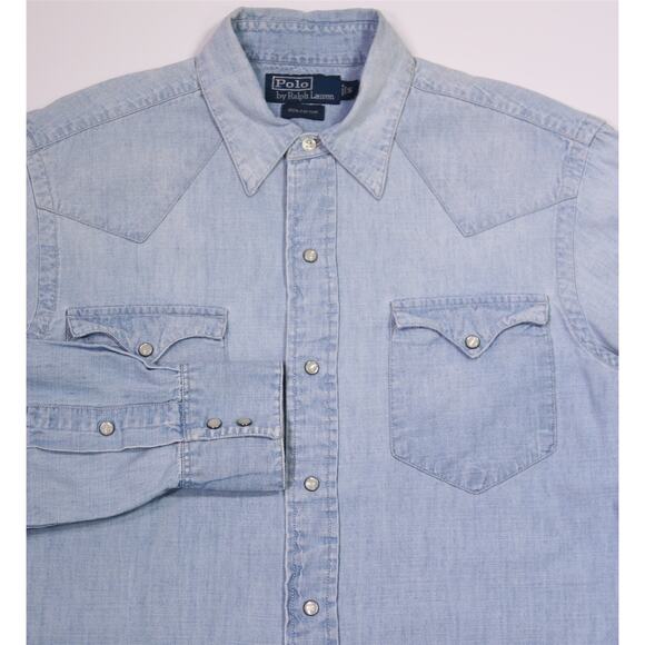 Polo Ralph Lauren Western Denim Chambray Pearl Snap Cowboy Shirt Men's Small